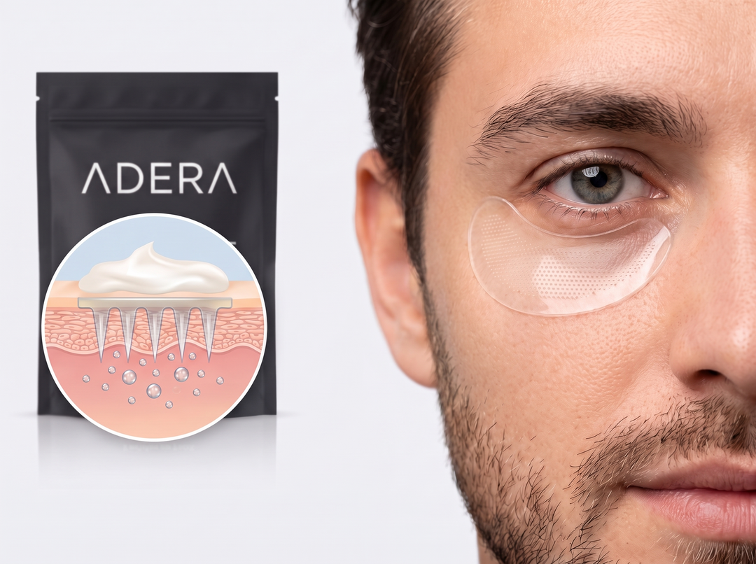 Adera microneedle patch applied under the eye — one patch, mechanism inset